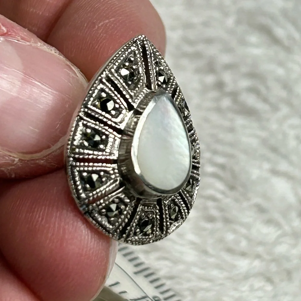 Sterling Silver Marcasite Rhinestone Teardrop Opal Pierced Earring, Single